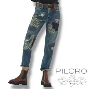 PILCRO ANTHROPOLOGIE Borrowed Boyfriend Jeans Blue Patched Distressed | Sz 27 T