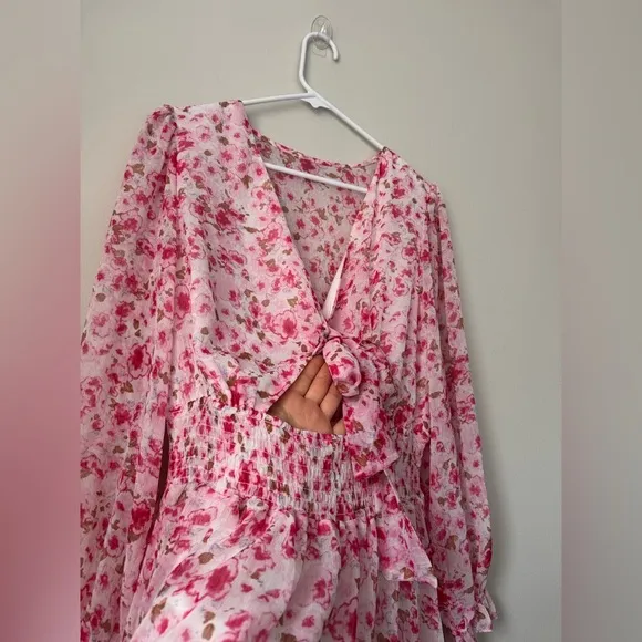 Pink Deep V-Neck Lantern Sleeve Knotted Tired Mini Dress Pink Size L