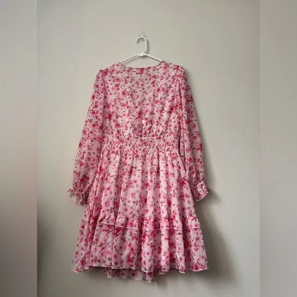 Pink Deep V-Neck Lantern Sleeve Knotted Tired Mini Dress Pink Size L