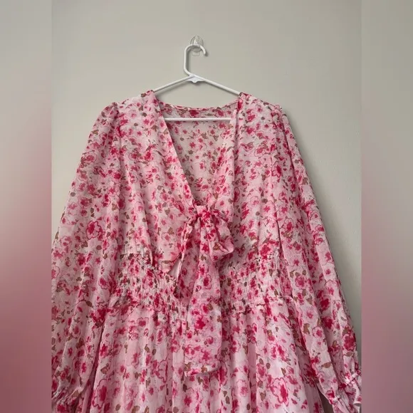 Pink Deep V-Neck Lantern Sleeve Knotted Tired Mini Dress Pink Size L