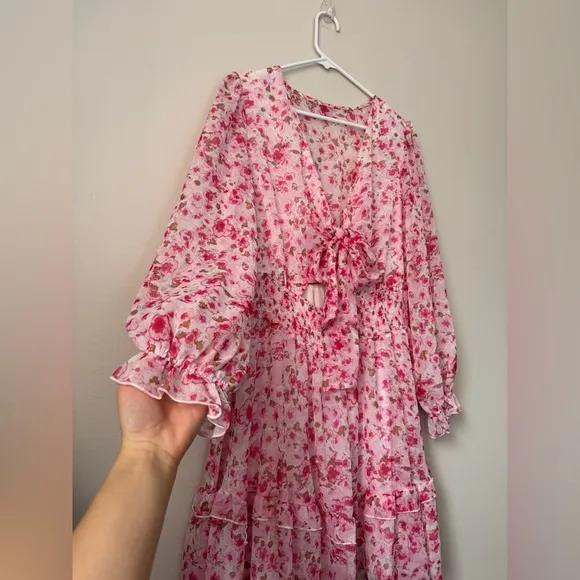 Pink Deep V-Neck Lantern Sleeve Knotted Tired Mini Dress Pink Size L