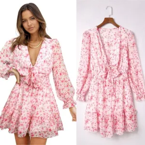 Pink Deep V-Neck Lantern Sleeve Knotted Tired Mini Dress Pink Size L