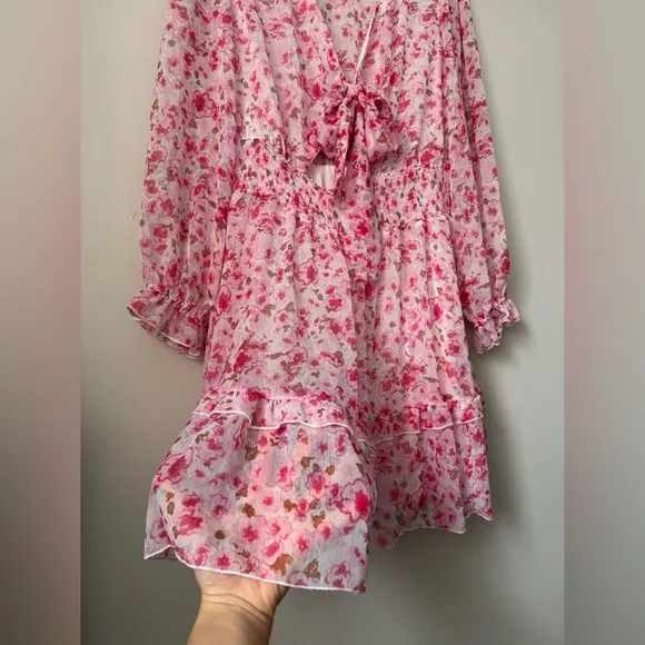 Pink Deep V-Neck Lantern Sleeve Knotted Tired Mini Dress Pink Size L