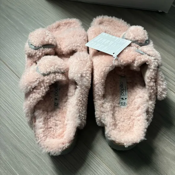 Pink Furry Birkenstock Platform Sandals