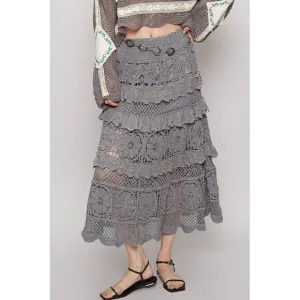 POL Crochet Lace Ruffled Midi Skirt Dark Gray