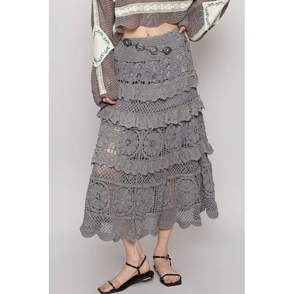 POL Crochet Lace Ruffled Midi Skirt Dark Gray