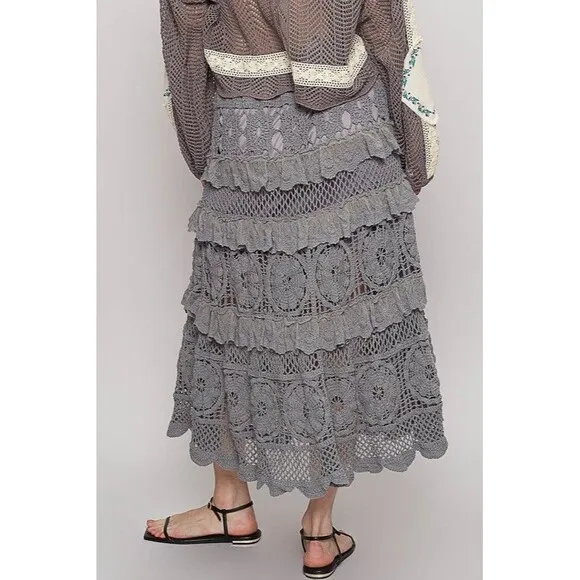 POL Crochet Lace Ruffled Midi Skirt Dark Gray