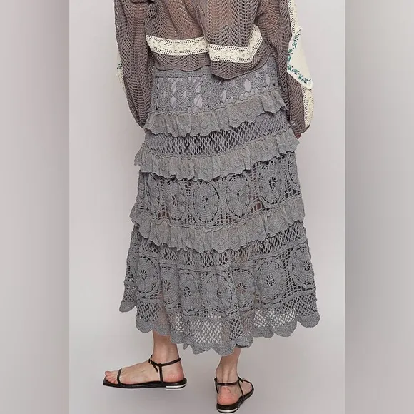 POL Crochet Lace Ruffled Midi Skirt