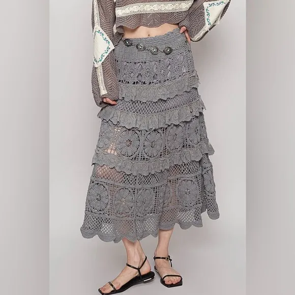 POL Crochet Lace Ruffled Midi Skirt