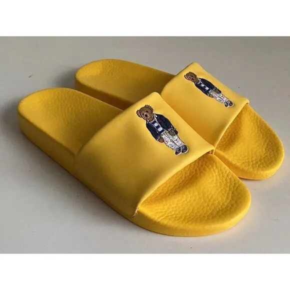 Polo Ralph Lauren BIG POLO BEAR Pool Slides Sandals Yellow Men's Sz 12 Limited