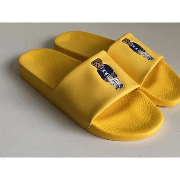 Polo Ralph Lauren BIG POLO BEAR Pool Slides Sandals Yellow Men's Sz 12 Limited