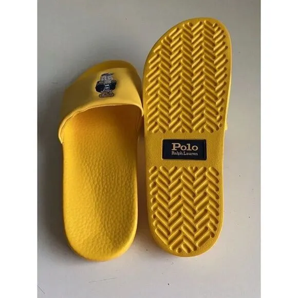 Polo Ralph Lauren BIG POLO BEAR Pool Slides Sandals Yellow Men's Sz 12 Limited
