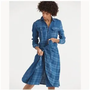 Polo Ralph Lauren Indigo Dyed Blue Plaid Linen Tie Front Sarong Shirt Dress