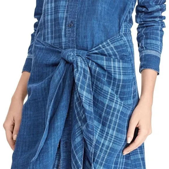 Polo Ralph Lauren Indigo Dyed Blue Plaid Linen Tie Front Sarong Shirt Dress