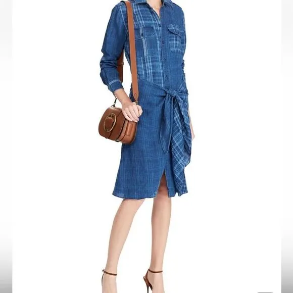 Polo Ralph Lauren Indigo Dyed Blue Plaid Linen Tie Front Sarong Shirt Dress
