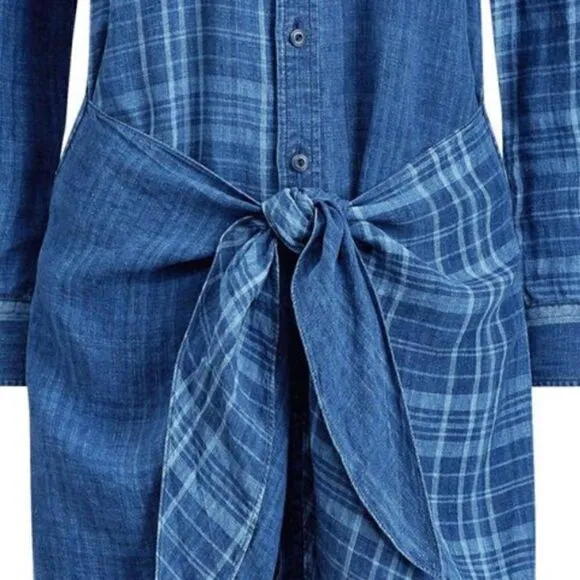 Polo Ralph Lauren Indigo Dyed Blue Plaid Linen Tie Front Sarong Shirt Dress