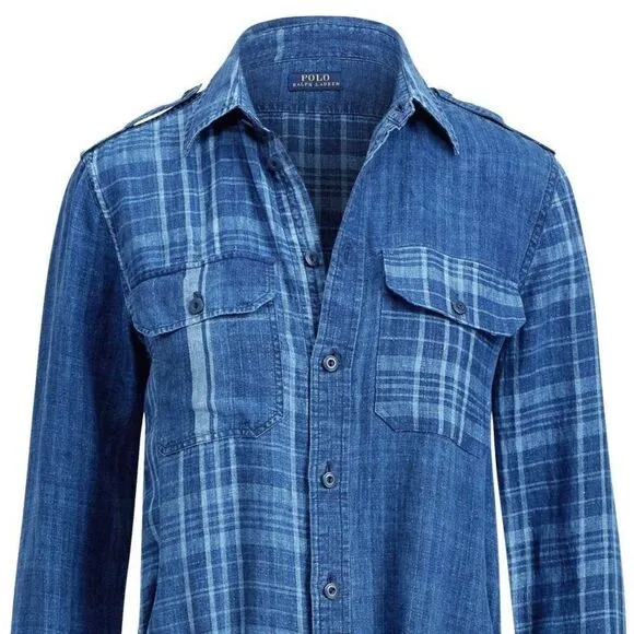 Polo Ralph Lauren Indigo Dyed Blue Plaid Linen Tie Front Sarong Shirt Dress