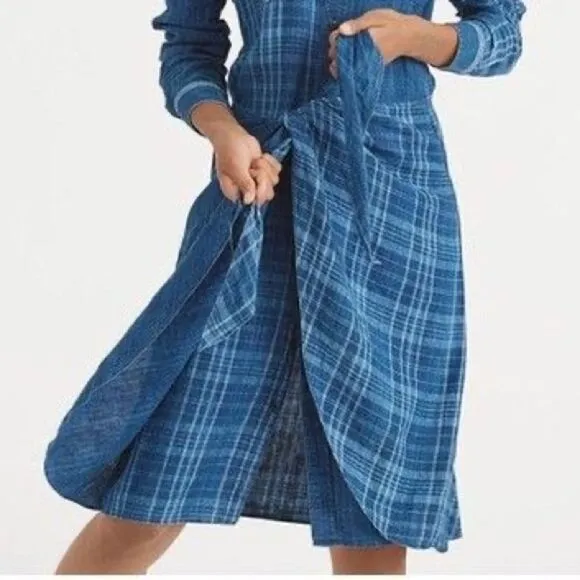 Polo Ralph Lauren Indigo Dyed Blue Plaid Linen Tie Front Sarong Shirt Dress