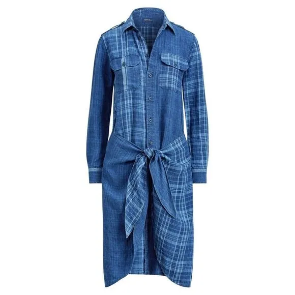 Polo Ralph Lauren Indigo Dyed Blue Plaid Linen Tie Front Sarong Shirt Dress