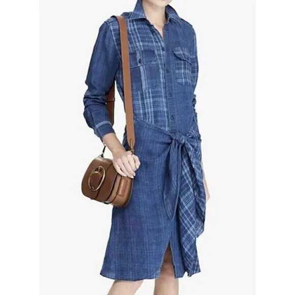 Polo Ralph Lauren Indigo Dyed Blue Plaid Linen Tie Front Sarong Shirt Dress