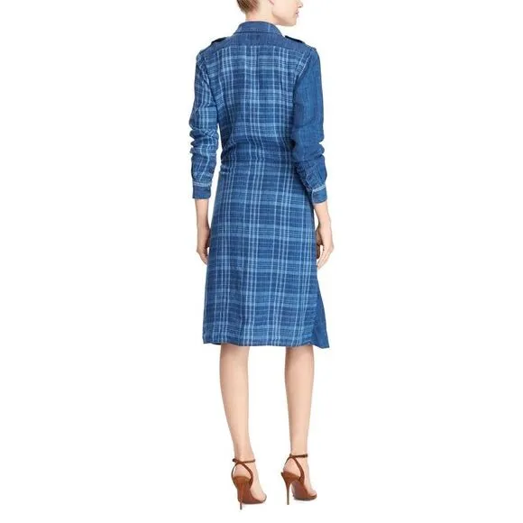 Polo Ralph Lauren Indigo Dyed Blue Plaid Linen Tie Front Sarong Shirt Dress