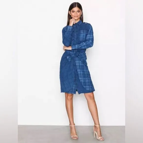 Polo Ralph Lauren Indigo Dyed Blue Plaid Linen Tie Front Sarong Shirt Dress