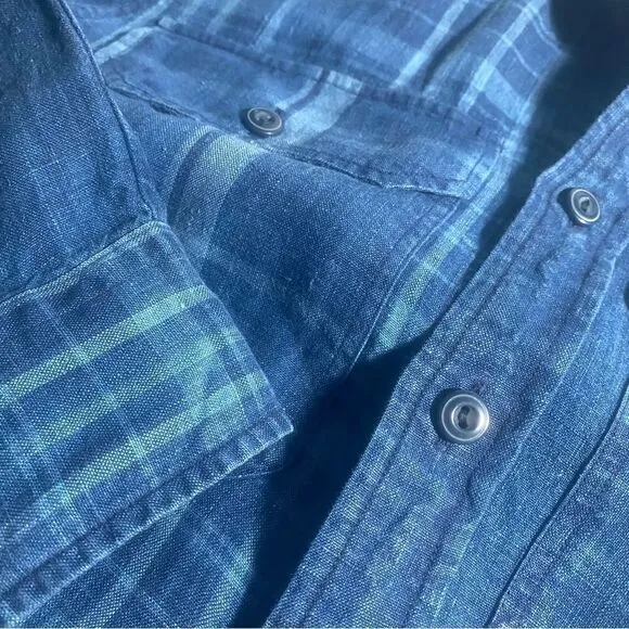 Polo Ralph Lauren Indigo Dyed Blue Plaid Linen Tie Front Sarong Shirt Dress