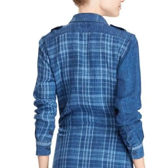 Polo Ralph Lauren Indigo Dyed Blue Plaid Linen Tie Front Sarong Shirt Dress