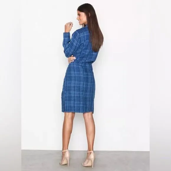 Polo Ralph Lauren Indigo Dyed Blue Plaid Linen Tie Front Sarong Shirt Dress