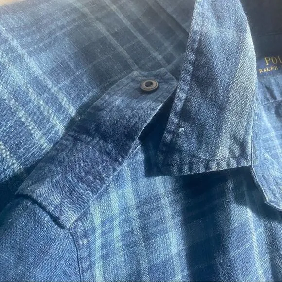 Polo Ralph Lauren Indigo Dyed Blue Plaid Linen Tie Front Sarong Shirt Dress