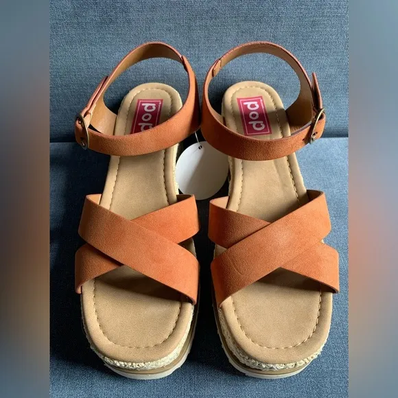 Pop Womens Brown Adjustable Ankle Strap Wedge Espadrille Open Toe Heel Sandals