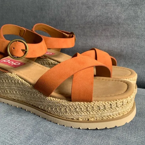 Pop Womens Brown Adjustable Ankle Strap Wedge Espadrille Open Toe Heel Sandals