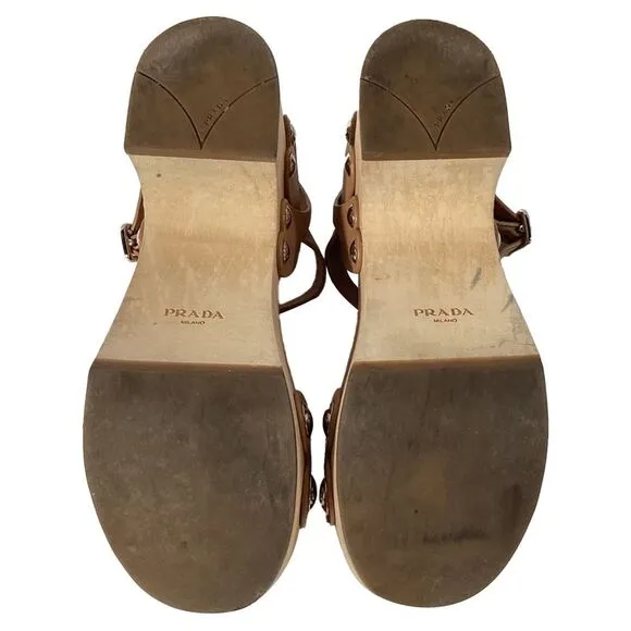 Prada Ankle Strap Platform Sandals in Brown Leather