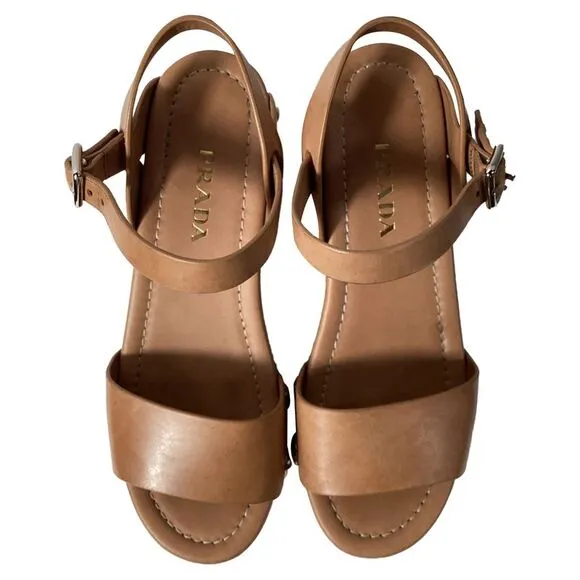 Prada Ankle Strap Platform Sandals in Brown Leather