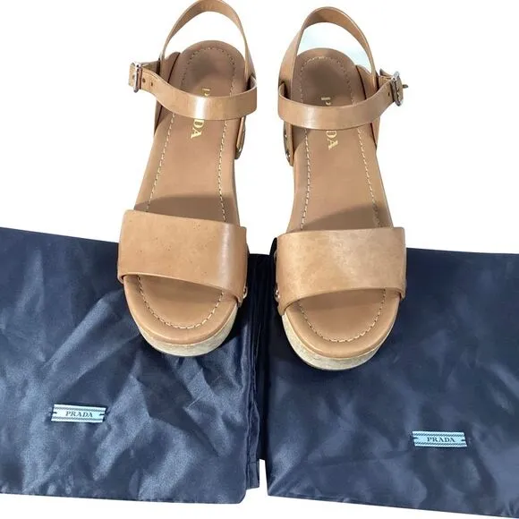 Prada Ankle Strap Platform Sandals in Brown Leather