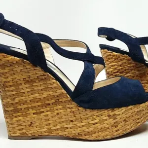 PRADA Basketweave Wedge Sandal Navy Size 8.5 Suede