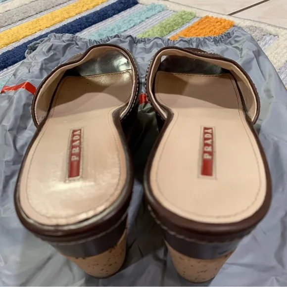 PRADA Brown Leather Logo Cork Platform Open-Toe Wedge Sandals