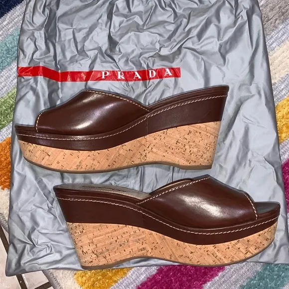 PRADA Brown Leather Logo Cork Platform Open-Toe Wedge Sandals
