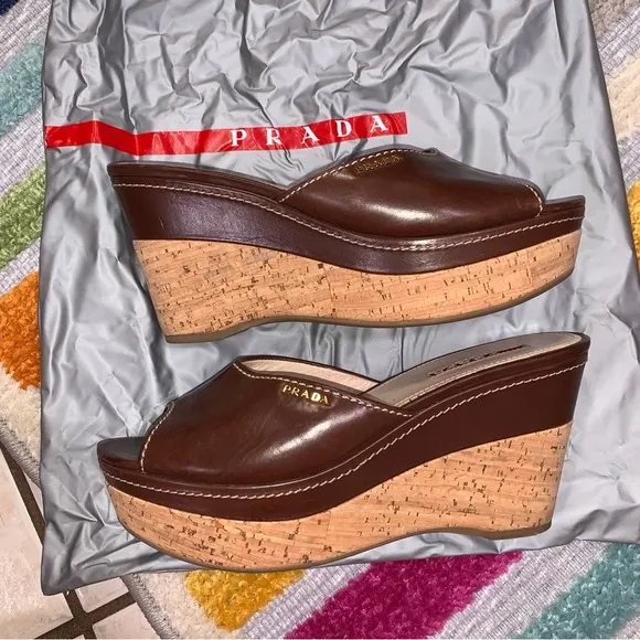 PRADA Brown Leather Logo Cork Platform Open-Toe Wedge Sandals