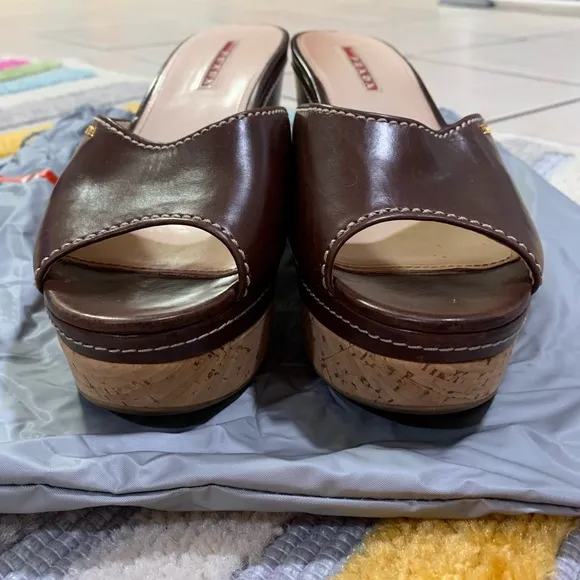 PRADA Brown Leather Logo Cork Platform Open-Toe Wedge Sandals