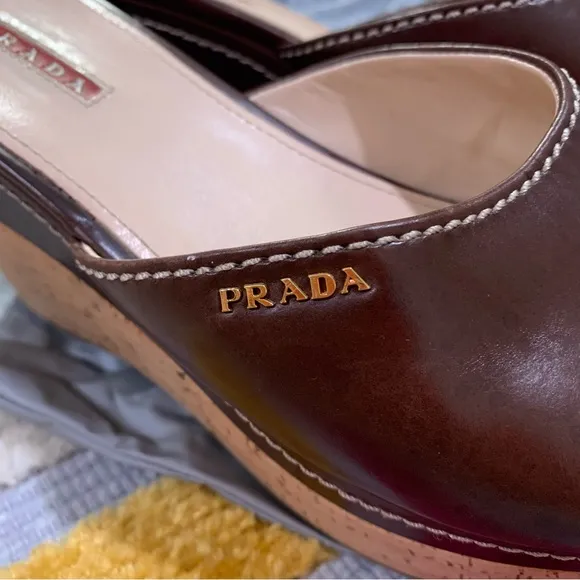 PRADA Brown Leather Logo Cork Platform Open-Toe Wedge Sandals