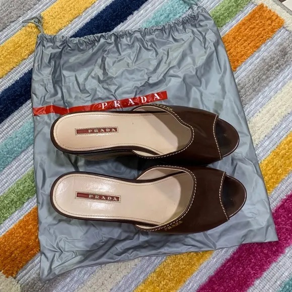PRADA Brown Leather Logo Cork Platform Open-Toe Wedge Sandals