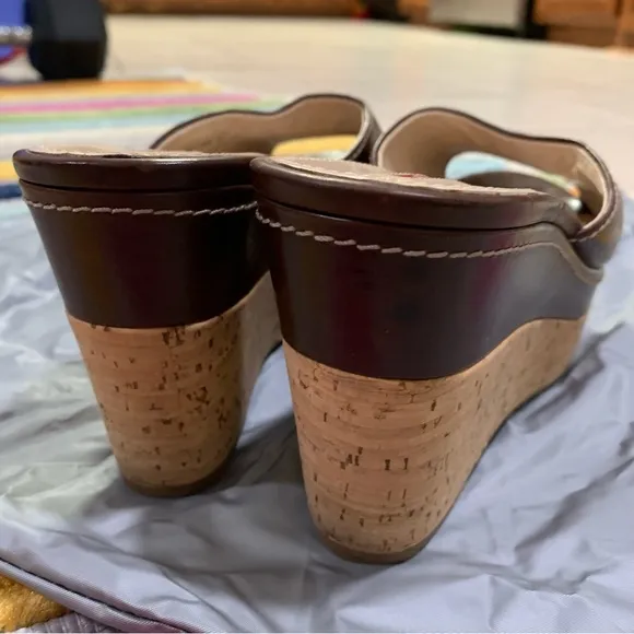 PRADA Brown Leather Logo Cork Platform Open-Toe Wedge Sandals