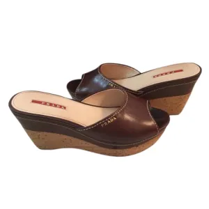 PRADA Brown Leather Logo Cork Platform Open-Toe Wedge Sandals