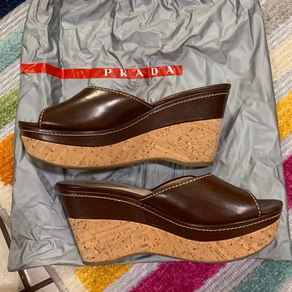 PRADA Brown Leather Logo Cork Platform Open-Toe Wedge Sandals