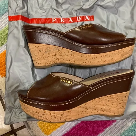 PRADA Brown Leather Logo Cork Platform Open-Toe Wedge Sandals