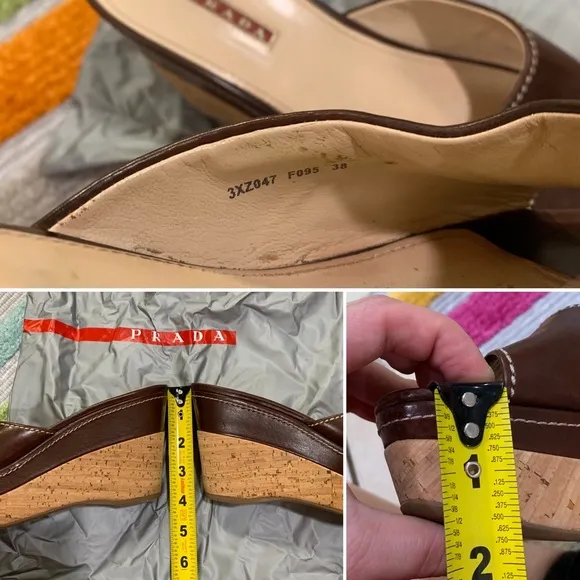 PRADA Brown Leather Logo Cork Platform Open-Toe Wedge Sandals