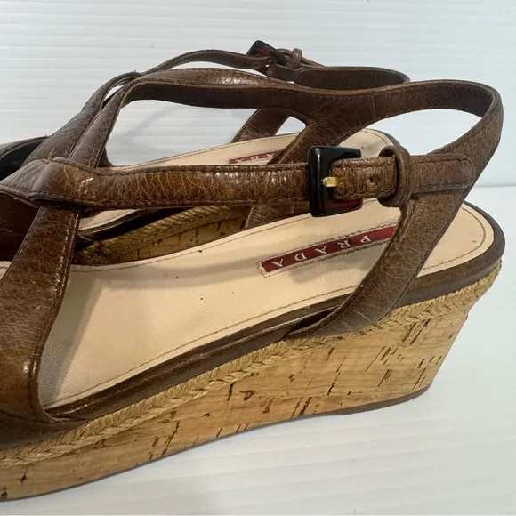 Prada Cork Brown Leather Wedge Sandals Size 36 1/2
