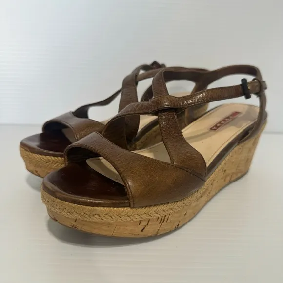 Prada Cork Brown Leather Wedge Sandals Size 36 1/2