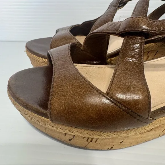 Prada Cork Brown Leather Wedge Sandals Size 36 1/2